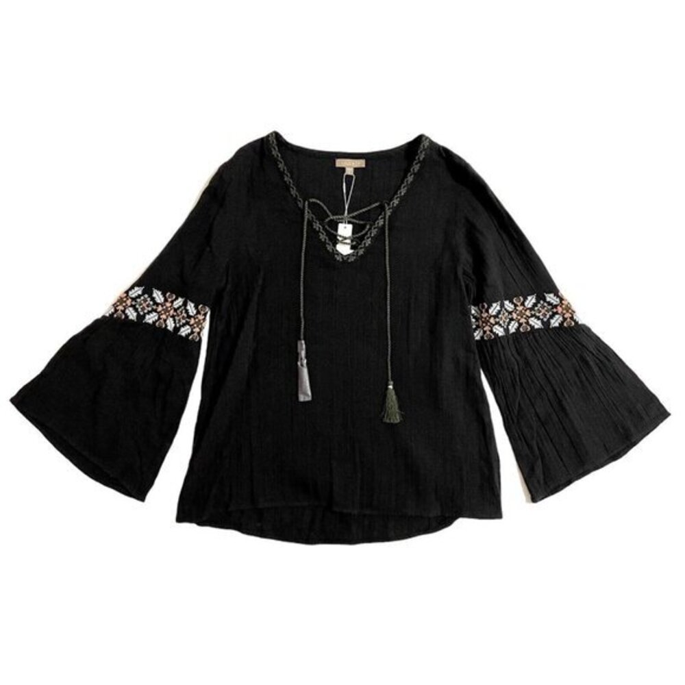 Lilla P Black Top Boho Gauze Cotton Shirt Tunic Peasant Blouse SZ XS NWT $168